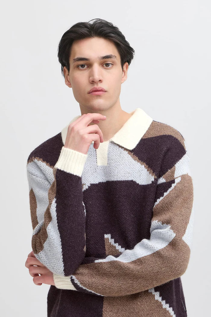 CFBIRK GEOMETRIC KNIT WITH POLO COLLAR "ROASTED CASHEW"