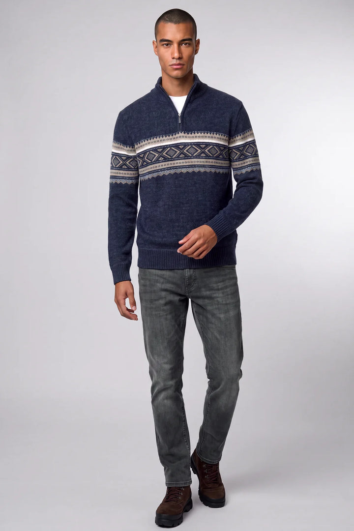 HATFIELD - BONDED CHENILLE MOCK-ZIP JACQUARD SWEATER "NIGHT"