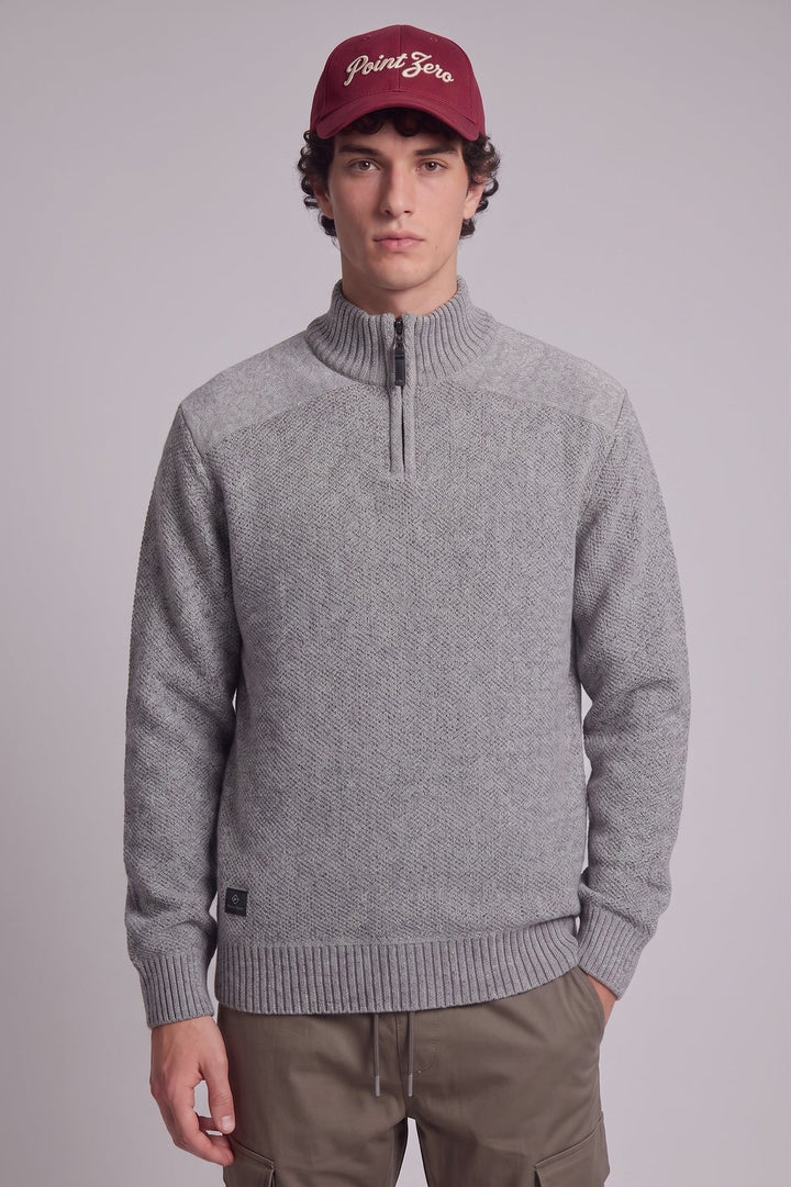 HELFRIED - BONDED MOCK-ZIP CHENILLE SWEATER "GREY"
