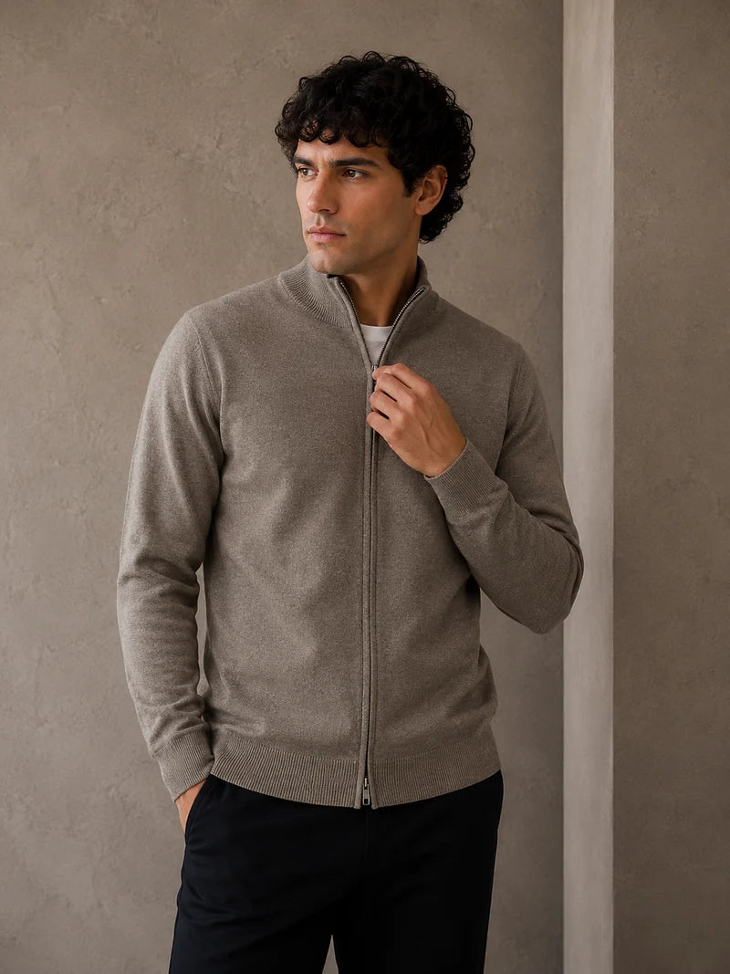 JARED - CASHMERE-LIKE FINE GAUGE FULL-ZIP MOCK-NECK SWEATER "CASHEW"