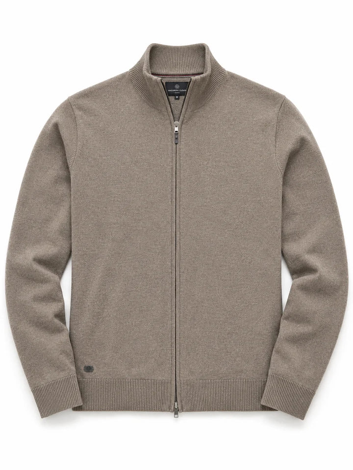 JARED - CASHMERE-LIKE FINE GAUGE FULL-ZIP MOCK-NECK SWEATER "CASHEW"