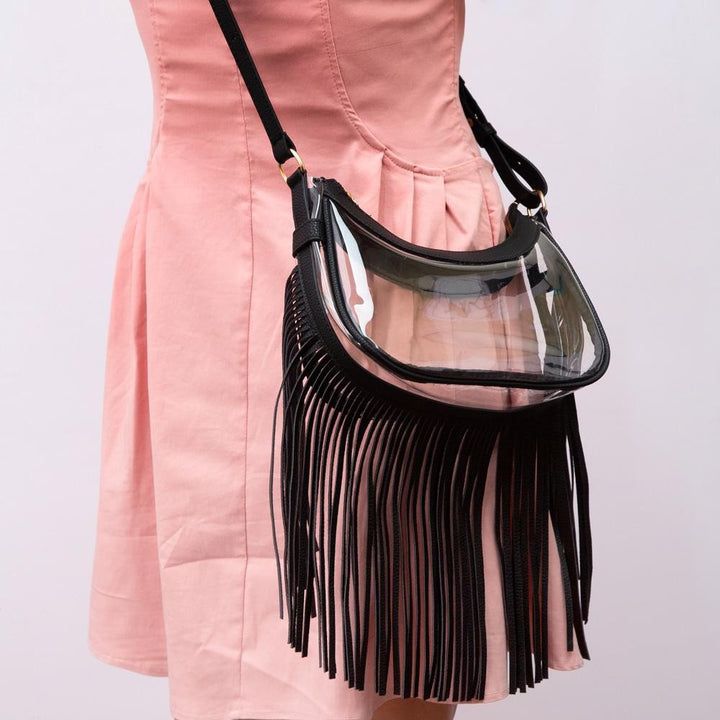 Clear Crossbody Bag With Vegan Leather Trim & Fringe