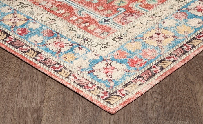 SPARX MEDALLION ORANGE BLUE DISTRESSED WASHABLE MODERN RUG 5X7&