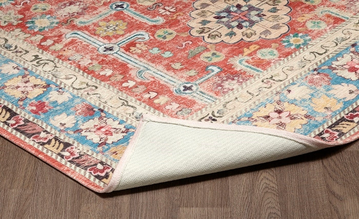 SPARX MEDALLION ORANGE BLUE DISTRESSED WASHABLE MODERN RUG 5X7&