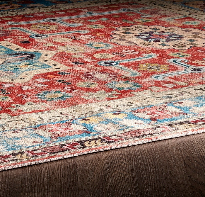 SPARX MEDALLION ORANGE BLUE DISTRESSED WASHABLE MODERN RUG 5X7&