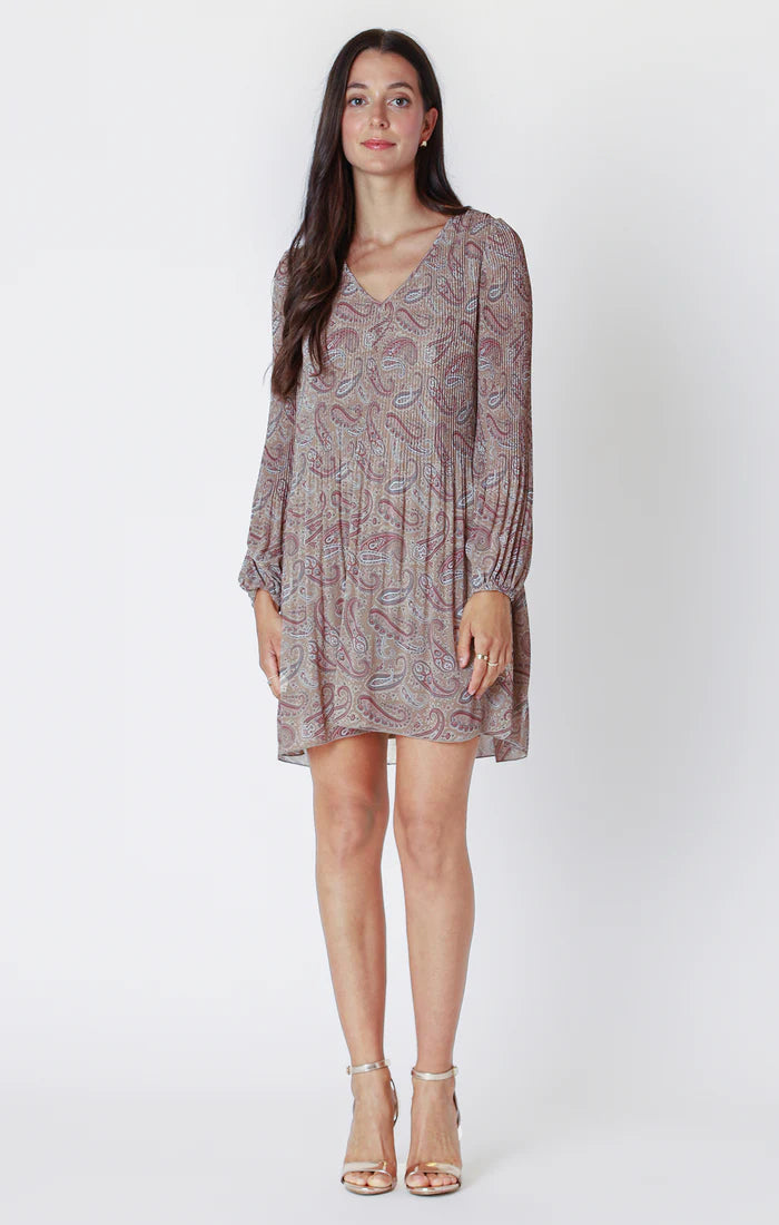 PLEATED A-LINE DRESS "NEUTRAL PAISLEY"