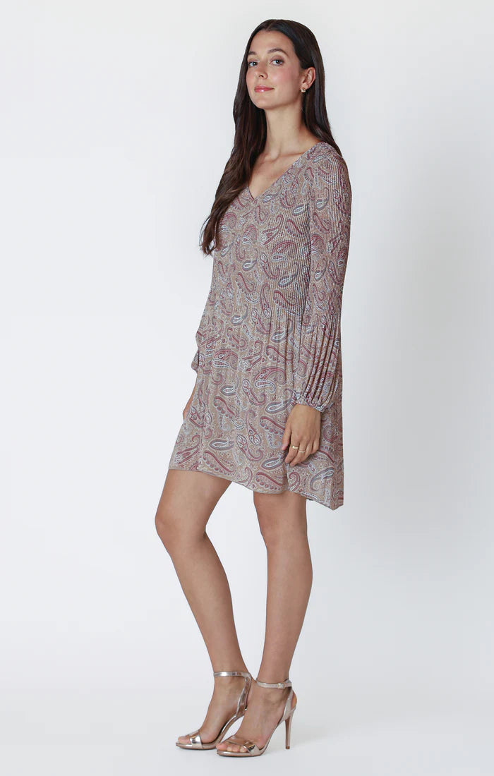 PLEATED A-LINE DRESS "NEUTRAL PAISLEY"