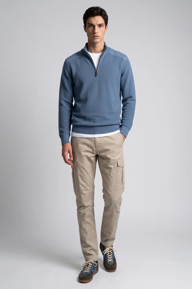 OSWALD - BONDED MOCK-ZIP SWEATER WITH POLAR-FEEL LINING "NAVAL MELANGE"