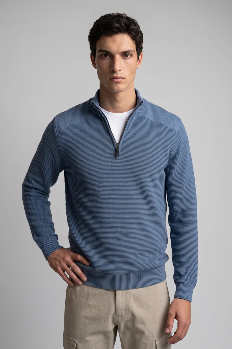 OSWALD - BONDED MOCK-ZIP SWEATER WITH POLAR-FEEL LINING "NAVAL MELANGE"