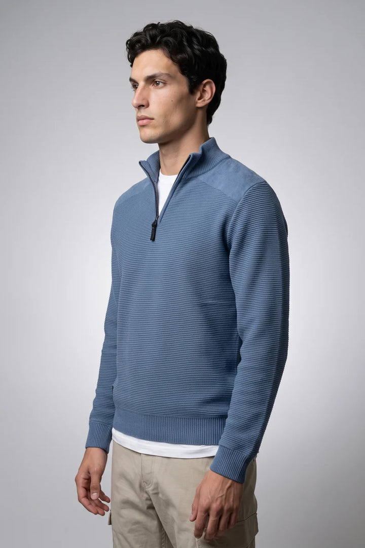OSWALD - BONDED MOCK-ZIP SWEATER WITH POLAR-FEEL LINING "NAVAL MELANGE"