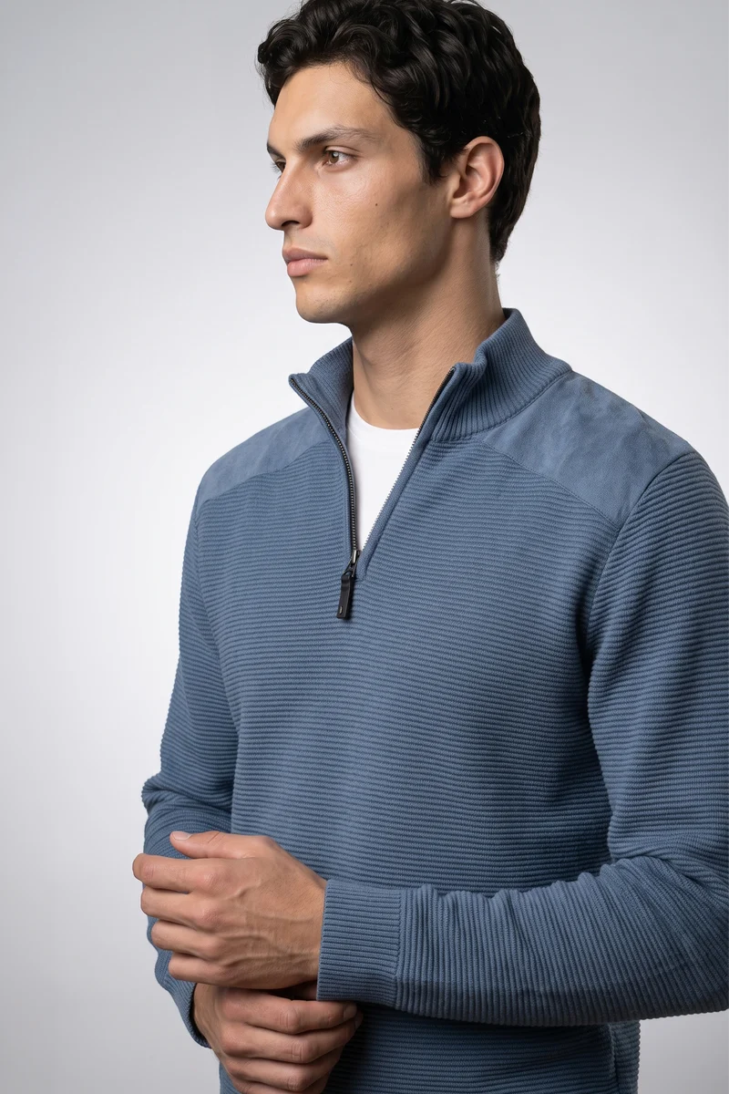 OSWALD - BONDED MOCK-ZIP SWEATER WITH POLAR-FEEL LINING "NAVAL MELANGE"