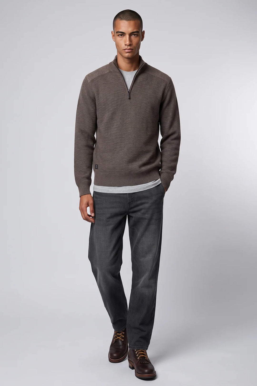 OSWALD - BONDED MOCK-ZIP SWEATER WITH POLAR-FEEL LINING "FUDGE MELANGE"
