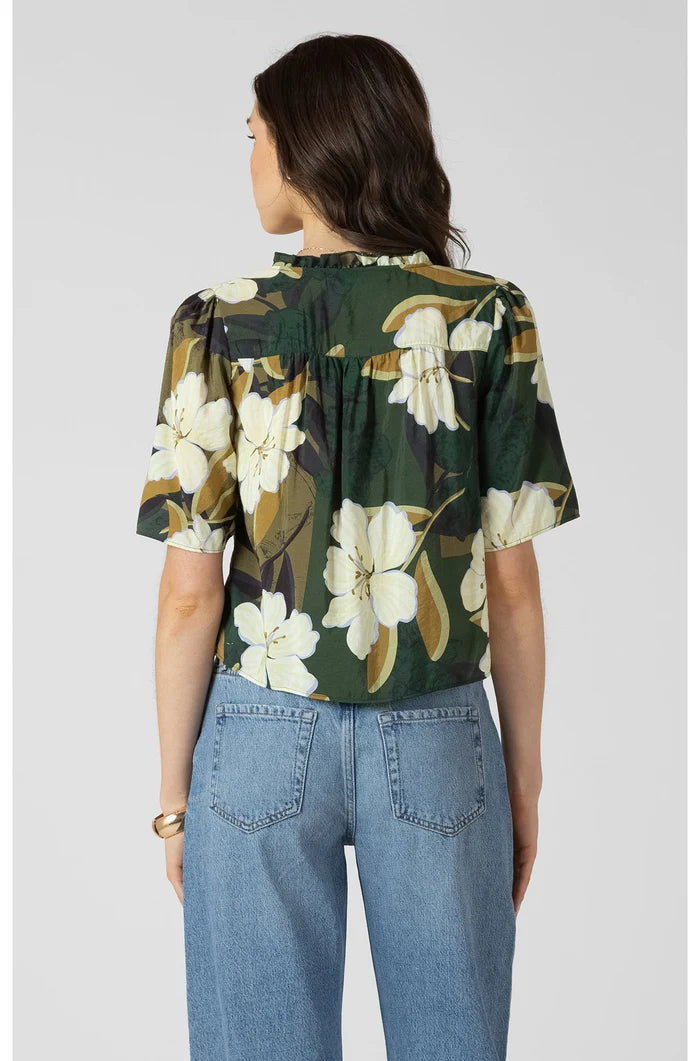 BUTTON FRONT RUFFLE TRIM BLOUSE "PALM BLOSSOM"