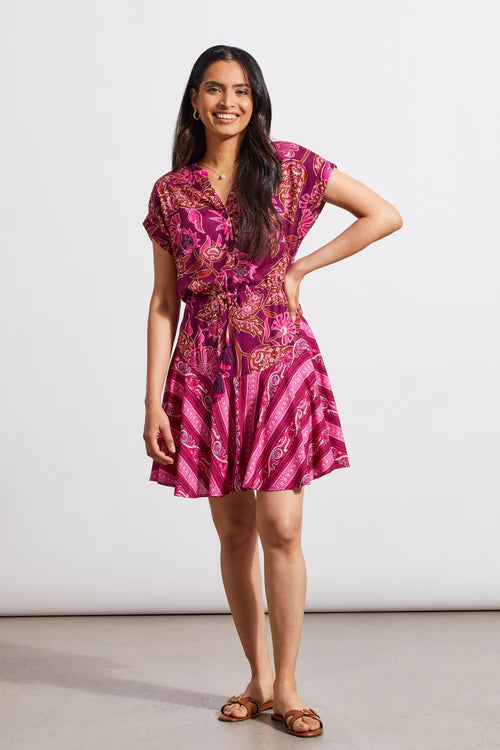 PRINTED NOTCH NECK DRESS WITH DRAWCORD WAIST