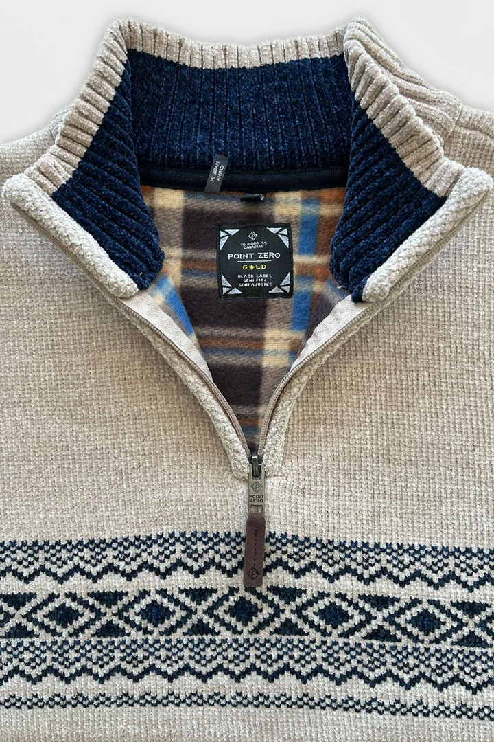 BONDED CHENILLE MOCK-NECK QUARTER-ZIP JACQUARD SWEATER "STONE"