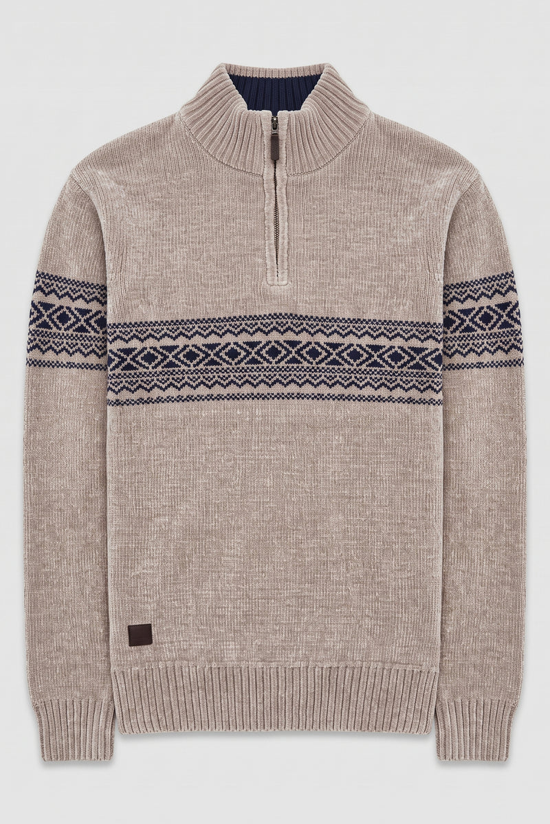 BONDED CHENILLE MOCK-NECK QUARTER-ZIP JACQUARD SWEATER "STONE"