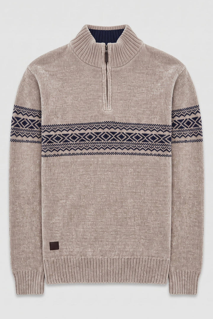 BONDED CHENILLE MOCK-NECK QUARTER-ZIP JACQUARD SWEATER "STONE"