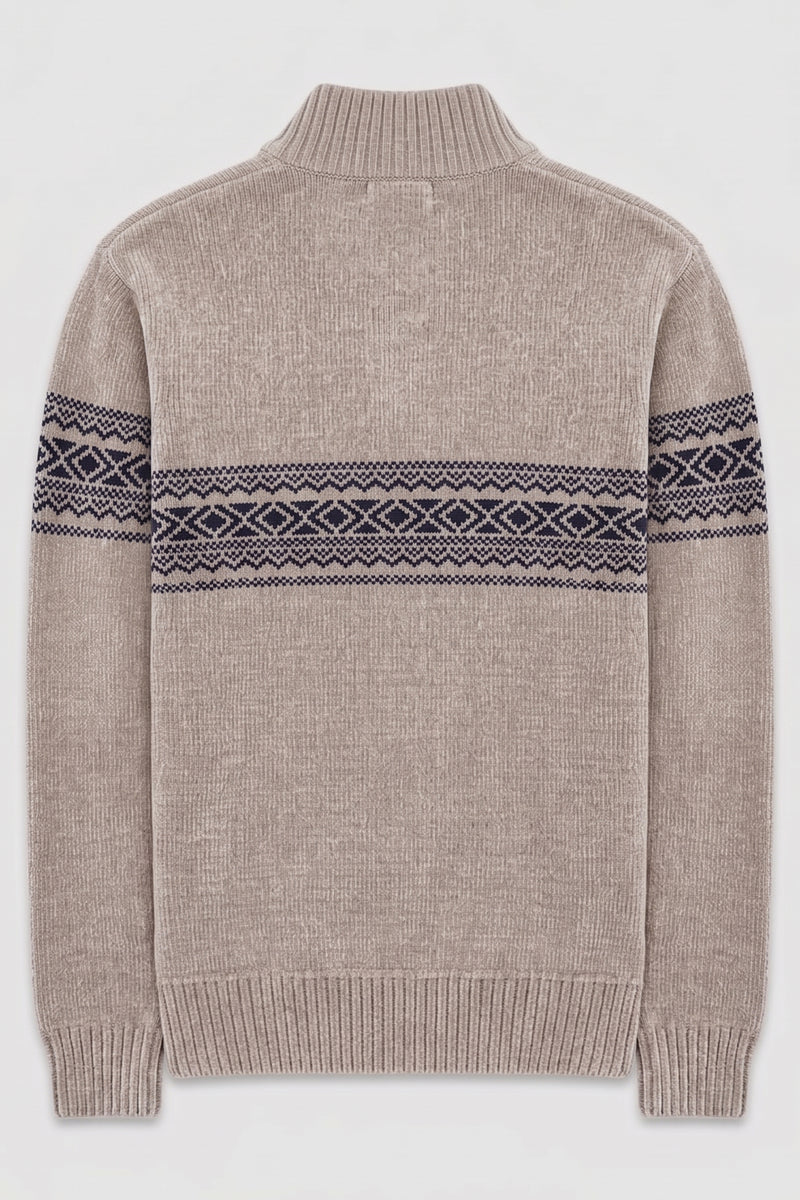 BONDED CHENILLE MOCK-NECK QUARTER-ZIP JACQUARD SWEATER "STONE"