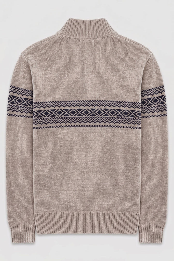 BONDED CHENILLE MOCK-NECK QUARTER-ZIP JACQUARD SWEATER "STONE"