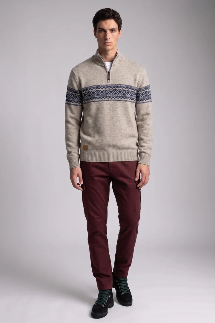 BONDED CHENILLE MOCK-NECK QUARTER-ZIP JACQUARD SWEATER "STONE"