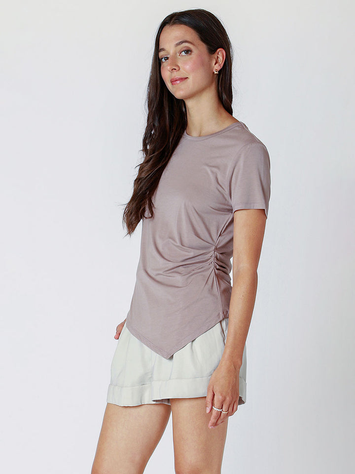 RUCHED DETAIL ASYMMETRIC HEM TOP "COOL TAUPE"