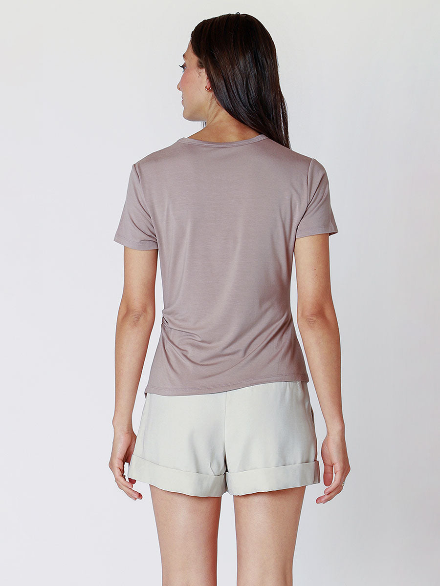 RUCHED DETAIL ASYMMETRIC HEM TOP "COOL TAUPE"