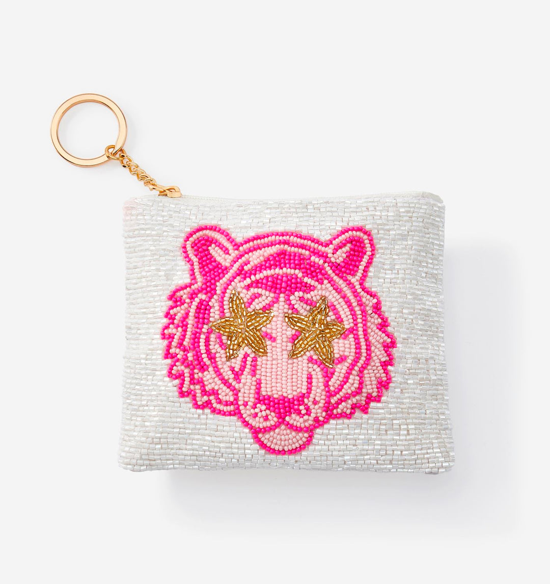 BEADED TIGER COIN PURSE WITH KEY CHAIN "PINK"