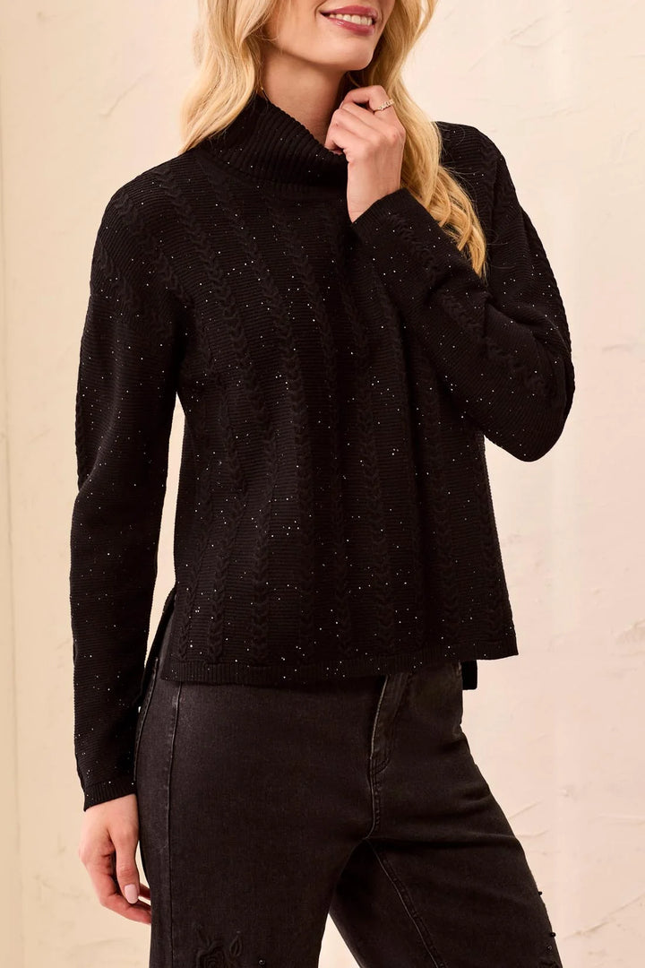T-NECK CABLE STITCH SWEATER "BLACK"