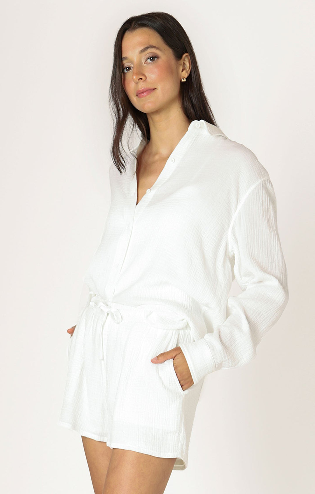 LS TEXTURED BUTTON-UP BLOUSE "OFF-WHITE"