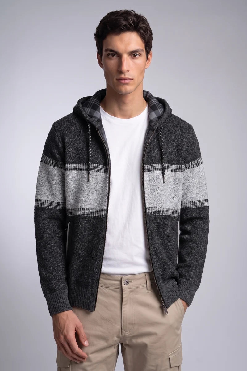 WITOLD - BONDED FULL-ZIP HOODED SWEATER JACKET WITH JACQUARD PATTERN "CHARCOAL"