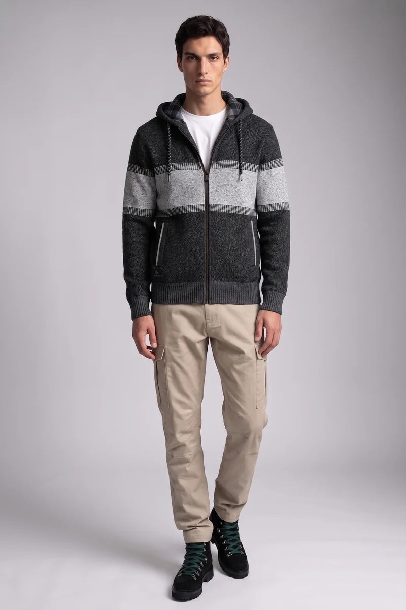 WITOLD - BONDED FULL-ZIP HOODED SWEATER JACKET WITH JACQUARD PATTERN "CHARCOAL"