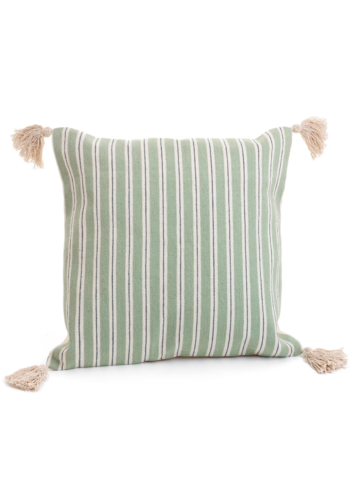 WOVEN STRIPED COTTON CUSHION - WHITE/SAGE 18X18