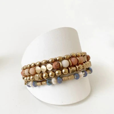 Caracol Set of 4 Bracelets With Real Stones, Glass & Metal Beads In Worn Finish
