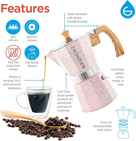 GROSCHE MILANO Stone Stovetop Espresso Maker 6 Cups - Pink