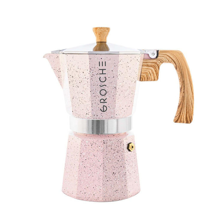 GROSCHE Milano Moka pot, Stovetop Espresso maker, Greca Coffee Maker, Stovetop coffee maker et espresso maker percolator (Pink, 9 cup)