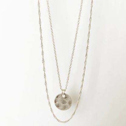 Caracol Double Chain Necklace With Hammered Round Pendant
