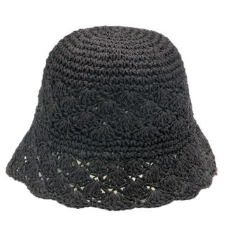 Straw Bucket Hat with Scalloped Trim Black