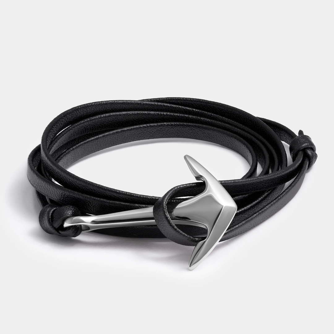 Elegatto Anchor Leather Silver Bracelet